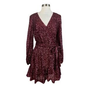 Betsy & Adam Women's Cocktail Dress Size 10 Red Sequin Long Sleeve Fit and Flare
